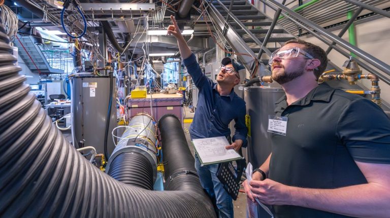 Two people stand in a lab looking up at equipment.