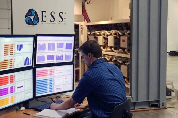 A man views multiple screens displaying colorful data graphs.