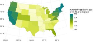 A map of the U.S. with colors representing the levels of EV chargers by state.