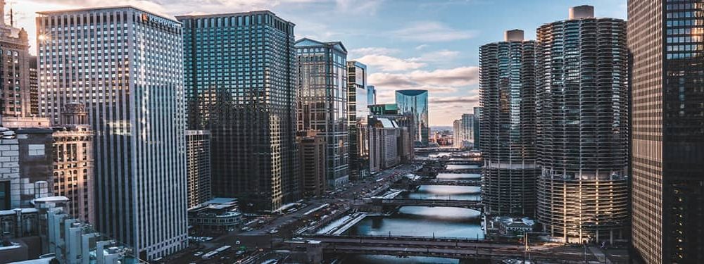 Wide angle shot of city buildings