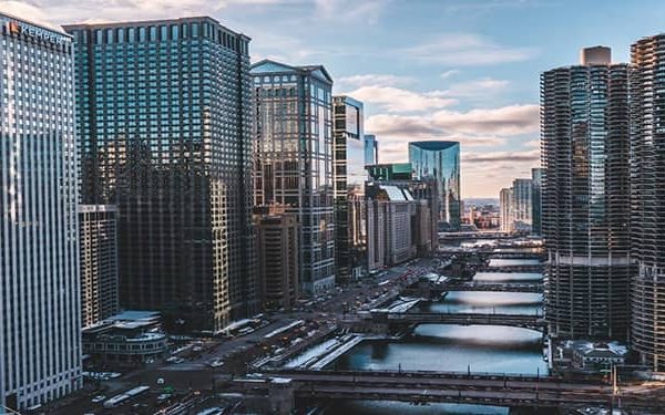 Wide angle shot of city buildings