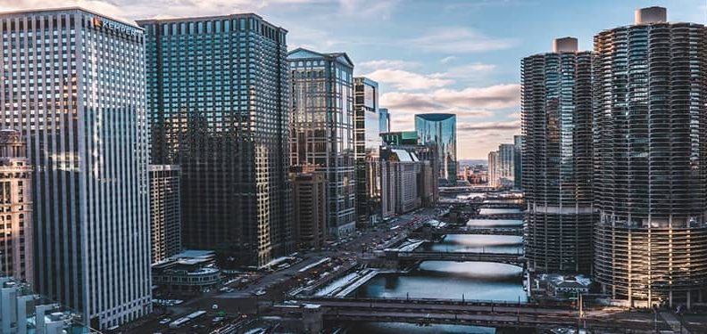 Wide angle shot of city buildings