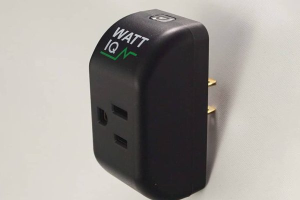 A black smart plug with "WattIQ" written on it against a plain white background.